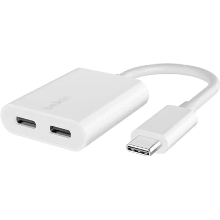 Belkin RockStar USB-C Audio + Charge Adapter, 2-in-1 Audio- und Ladeadapter mit 60W Power Delivery, 24 pin USB-C männlich zu weiblich, 14 m, weiß