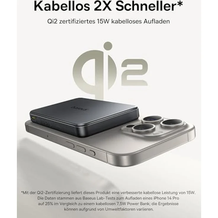 Baseus Qi2 Magsafe Power Bank 10000mAh, Kabelloses Schnellladen 15W, Magnetische Mini Powerbank für iPhone 16/15/14, USB-C PD 22.5W, Schwarz – Bild 2