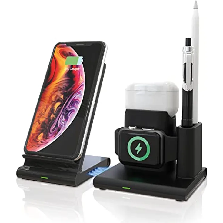RealPower ChargeAIR Connect Wireless Charger Ladepad, Kabellose 15W QI Ladestation, Kompatibel mit iPhone 14 13 12 Pro Mini Max - Apple AirPods Pro, Apple Watch und Apple Pencil