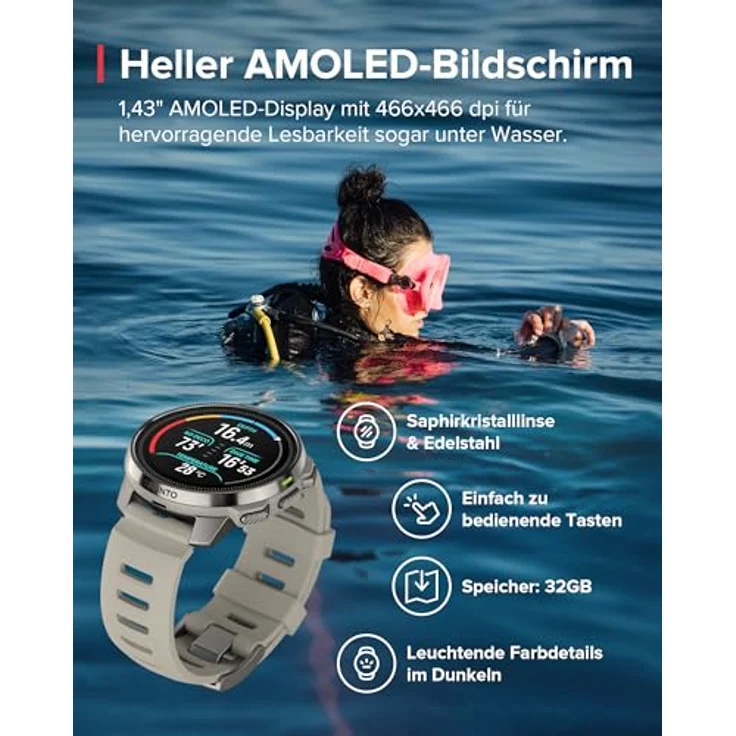 SUUNTO Ocean Tauchcomputer und Sportuhr, AMOLED-Bildschirm, 100m Wasserdicht, Zweifrequenz GPS, Offline-Karte, 95+ Sportarten, HRV & Schlafqualität Verfolgung, 40 Stunden Akkulaufzeit - Edelstahl/Saphir, Schwarz – Bild 2