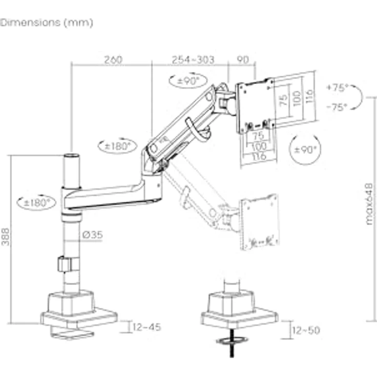 DIGITUS Monitorhalterung für 1 Bildschirm bis 57 Zoll, 27kg Traglast, Gasdruckfeder, VESA 75x75/100x100, schwarz, drehbar und neigbar – Bild 2