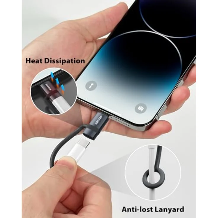BOUTOP USB C auf Lightning Adapter, 36W für Schnelles Laden und Datenübertragung, 2 Stück mit Anti-Verlust-Seil, Dunkelgrau, MFi Zertifiziert für iPhone 14 und iPad Air 4/Mini 5 – Bild 3