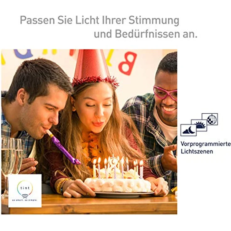 tint Smarte LED-Birne E27 – Steuerbar per Alexa, Fernbedienung oder App – Dimmbare E27 Glühbirne mit weißem und farbigem Licht RGB, 9,5 W – Bild 4