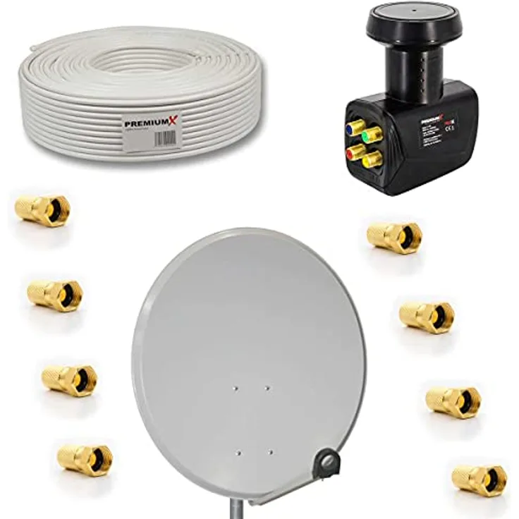 Premium X Satelliten-Komplettanlage 80cm, Aluminium Hellgrau, Quad LNB, 50m Kabel, SAT bis 8 Teilnehmer, FullHD, UV-beständig