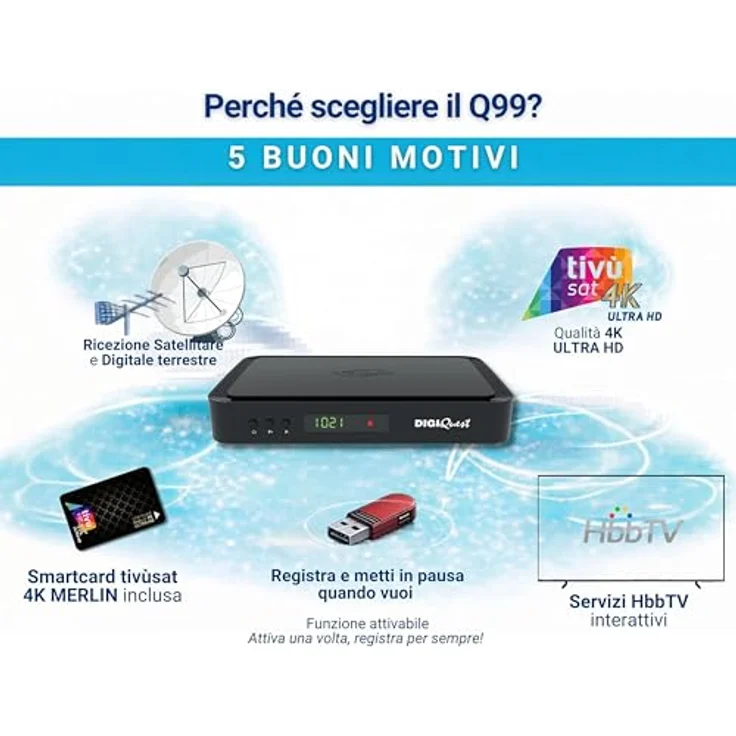 DIGIQUEST Tivùsat Combo 4K Q99, HEVC Main 10 HbbTV Satelliten-Receiver mit Dual-Tuner, aktiver Aufnahmefunktion, Mediaplayer und tivùsat Smartcard, inkl. 2-in-1 Fernbedienung – Bild 4