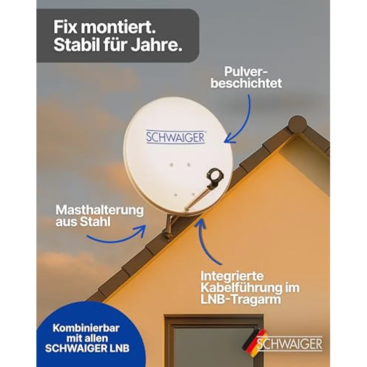 SCHWAIGER Satellitenschüssel Ø 55 cm, wetterfeste Offset Antenne in hellgrau mit LNB Tragarm & Masthalterung, Multifeed geeignet, maximale Empfangsleistung 35,2 dB – Bild 5