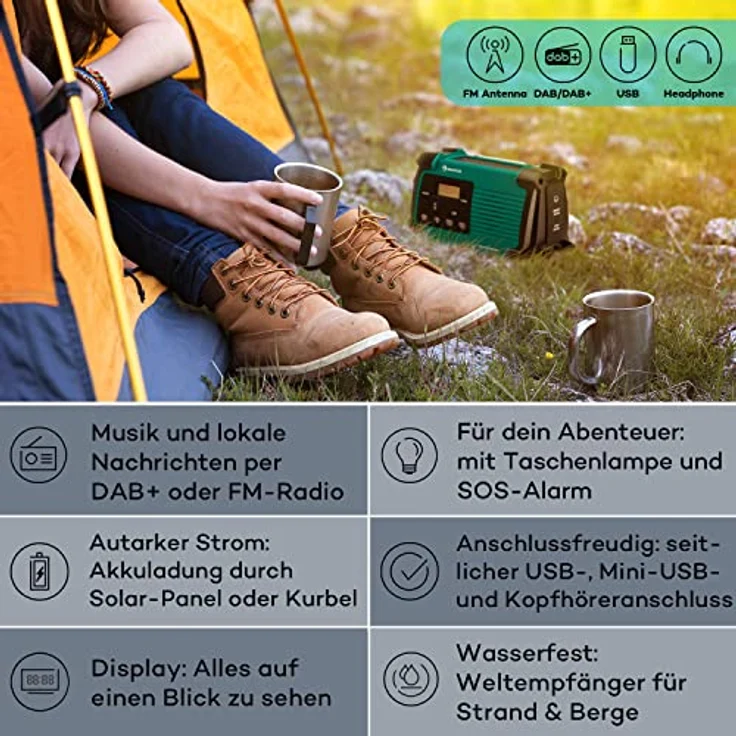 Auna Patagonia DAB+, Aufladbares DAB-Radio mit Bluetooth, LCD Display, Wecker, Akku und USB-Anschluss, Retro-Design, kompakt, wasserfest – Bild 2