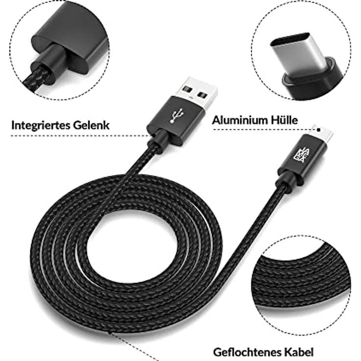 JAMEGA USB-C Kabel Nylon Schnell Ladekabel 3m, kompatibel mit Samsung Huawei HTC LG, hochqualitativ mit Knickschutz und 5 Gbps Datentransfer – Bild 4