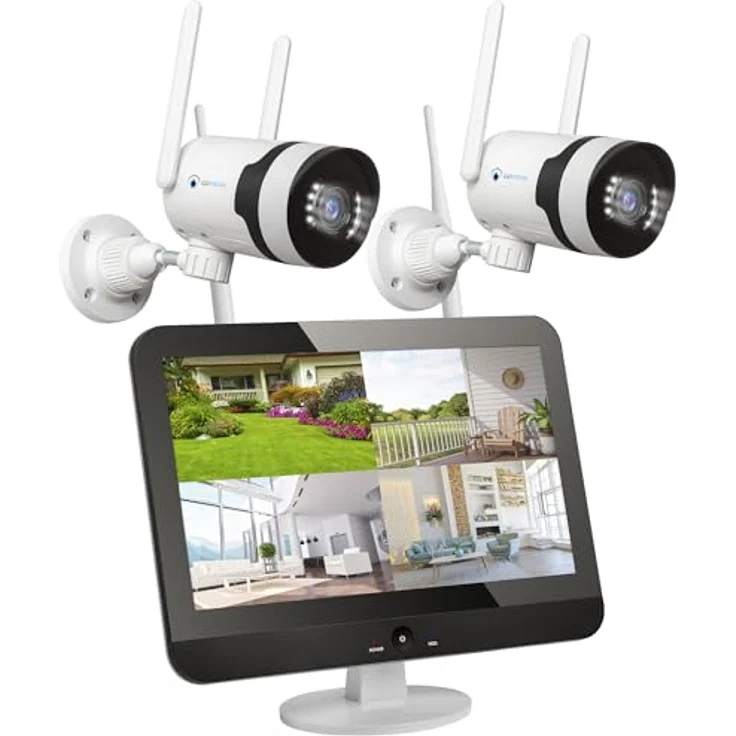 Überwachungskamera Set Aussen WLAN mit 12,5 ''Monitor 10CH Wireless NVR, 2X 5MP WiFi PTZ Kameras mit Farbe Nachtsicht, 2-Wege Audio, PC Fernanzeige, App & Mail, Alarm, Sirene - Preisvergleich – Bild 1