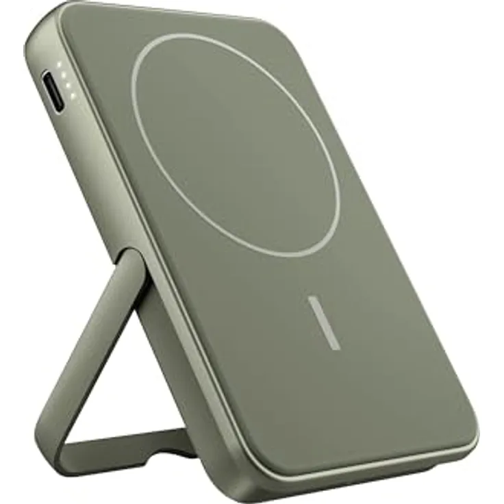 Fresh 'n Rebel Wireless Magnetic Powerbank 5000mAh, MagSafe-kompatibel, PD 20W Schnellladung, USB-C Port, tragbar mit Ständer, Dried Green