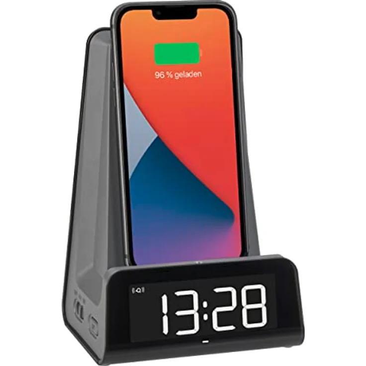TFA Dostmann 2 in 1 Induktive Ladestation ICONcharge, 60.2033.10, für Smartphones, Kabelloses Laden, mit Weckfunktion, USB-Ladefunktion, Halter für Video Calls, LED-Leuchtziffern, anthrazit – Bild 1