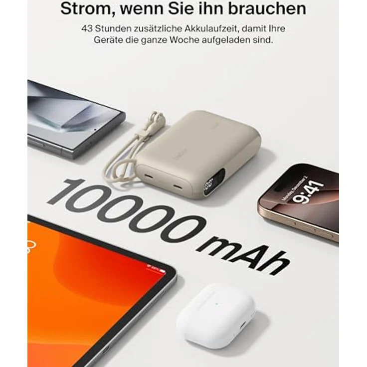 Belkin Powerbank 10.000 mAh, tragbare Ladegerät mit 2 USB-C-Anschlüssen, digitale Anzeige, 20 W Leistung für iPhone 16/15, Samsung Galaxy S25/S24, Pixel 9, iPad – Sandfarben – Bild 4