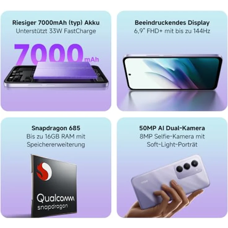 XIAOMI Redmi 15, Smartphone 8+256 GB mit Snapdragon 685, 50MP KI-Dualkamera, 6,9" FHD+ 144Hz DotDisplay, 7000mAh Akku, Sandy Purple – Bild 2