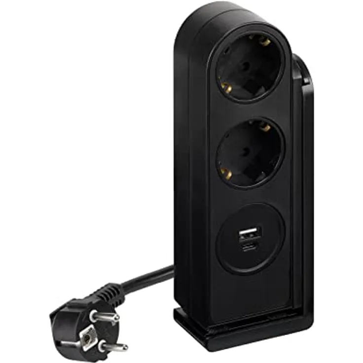 SIMON - Mehrfachsteckdose, Flachsteckdose, Steckdosenleiste mit Schalter, 2 Schuko-Steckdosen 16 A 250 V + 2 USB-A-Steckdosen, mit Befestigungsclip und Kabel, 2 Meter, Schwarz
