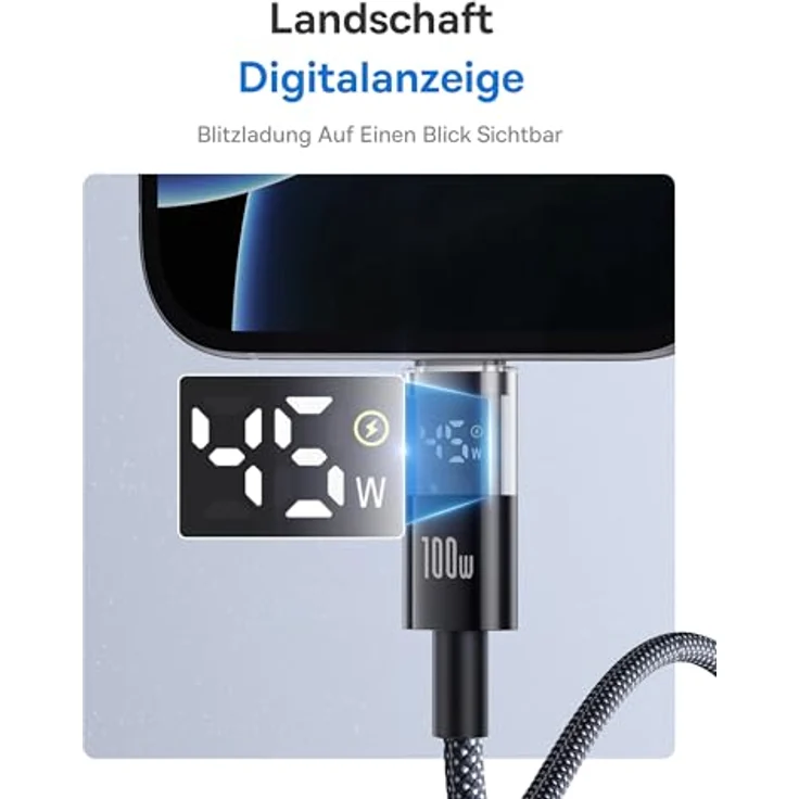 Baseus 100W USB C auf USB C Kabel, 1m PD Schnellladekabel mit LED Display, QC 4.0, kompatibel mit iPhone 16/15/14/13/12 Pro, Samsung Galaxy S25/S24/S23/S22 Ultra, MacBook, iPad Pro – Bild 2