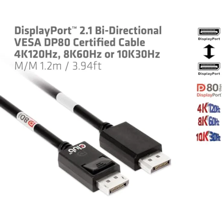 Club3D CAC-1091 DisplayPort™ 2.1 Bi-Direktionales VESA DP80 zertifiziertes Kabel 4K120Hz, 8K60Hz oder 10K30Hz St/St 1.2m – Bild 4
