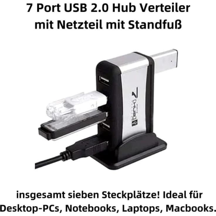Aukson O19C 7-Port USB 2.0 Hub Adapter mit Netzteil und Standfuß – Hochgeschwindigkeits USB 2.0-Hub (480 MBit/s) für PC und Mac, Plug&Play - Leistungsstarke 5V/3,5A Stromversorgung – Bild 2