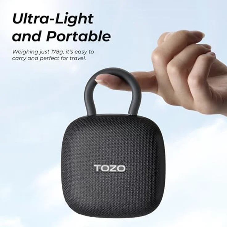 TOZO PE1 Mini Bluetooth Lautsprecher, IPX8 wasserdicht, 32 Std. Akku, tragbar mit Karabiner und kraftvollem Bass - Schwarz – Bild 3