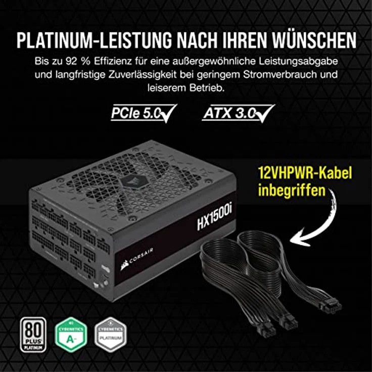 Corsair HX1500i Vollmodulares, Extrem Geräuscharmes ATX-Netzteil - ATX 3.0- Und PCIe 5.0-kompatibel - CORSAIR iCUE Software-Kompatibel - 80 Plus Platinum-Effizienz - Schwarz – Bild 3