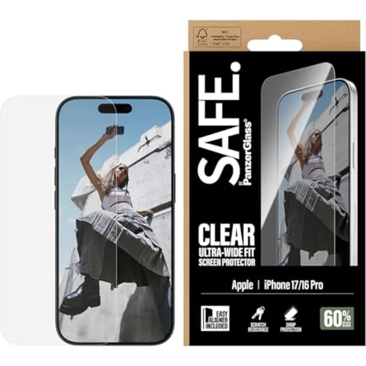 Panzer Glass SAFE. Displayschutz für iPhone 16 Pro und iPhone 17, Ultra-Wide Fit mit EasyAligner und oleophober Beschichtung
