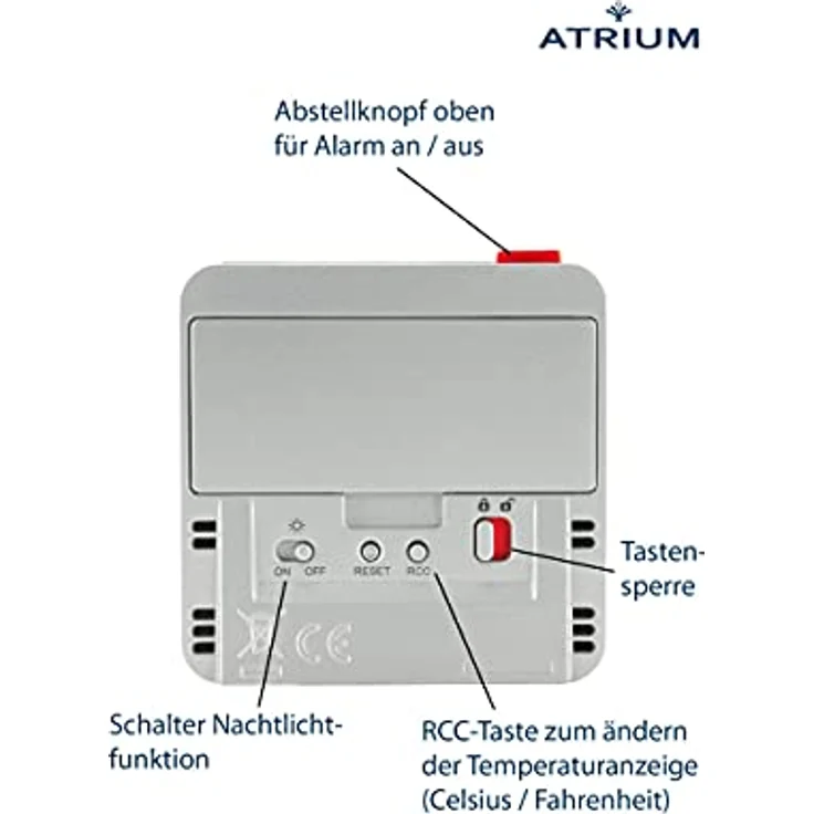 Atrium digitaler Funk-Wecker LCD sensorgesteuerte Nachtlicht-Funktion Schlummer-Funktion Obenabsteller Reise-Wecker Silber/rot A740-19 – Bild 3