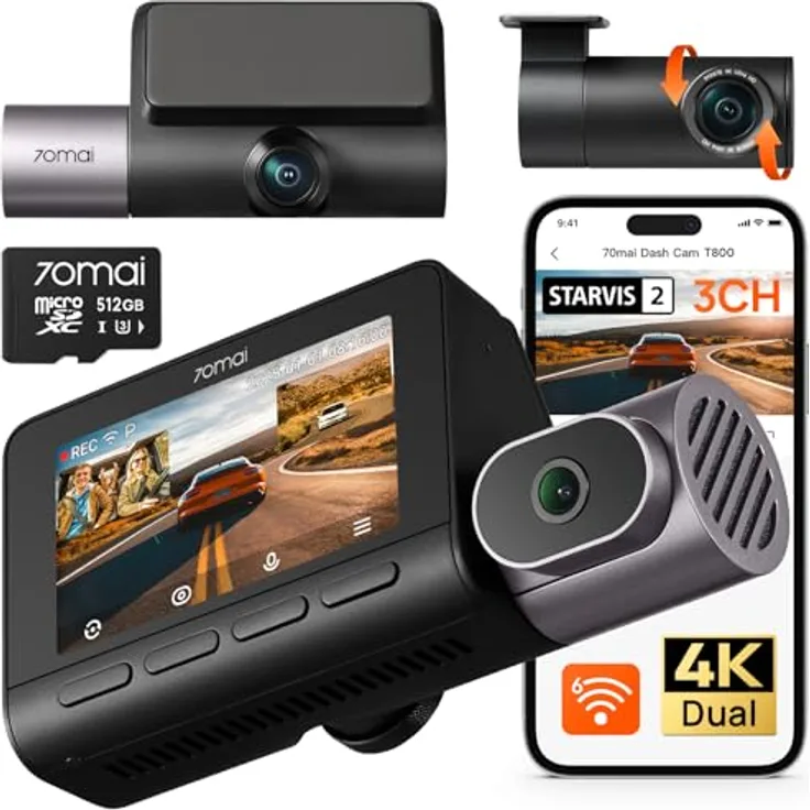 70mai Dashcam 4K T800, Dreikanal-Dual-4K Dashcam mit 512GB SD Karte, HDR, 4G LTE, KI-Bewegungserkennung, IR Nachtsicht, 24/7 Parküberwachung, GPS, WiFi