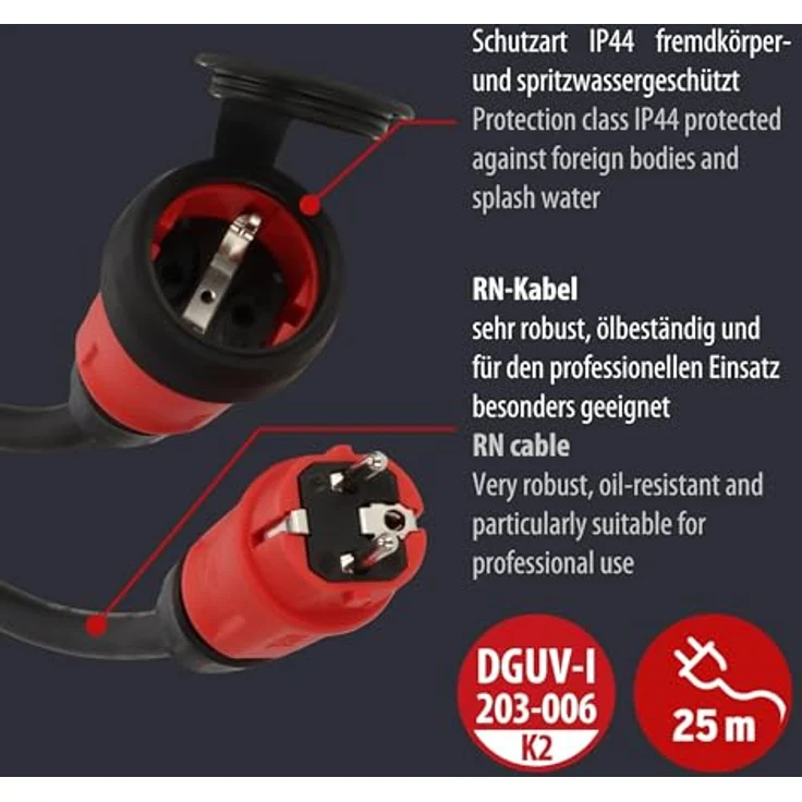 Brennenstuhl Verlängerungskabel 9161250110, 25 m H07RN-F, 16 A, robust, schwarz/rot, IP44 spritzwassergeschützt, für Baustellen- und Außeneinsatz – Bild 3