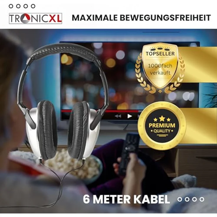 TronicXL Fernsehkopfhörer Kopfbügel Kopfhörer I 6m langes Kabel I Stereo TV Fernseh Headphones Fernseher PC HiFi I Bügel Kopfhörer 3,5mm Klinke 6,35mm Klinkenstecker - Schwarz – Bild 5