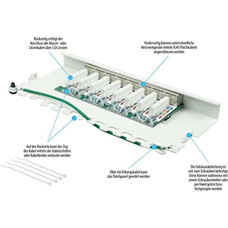 Patchpanel/Patchfeld - Desktop - Cat. 6, 250 MHz - GIGABIT-fähig - 8-Port - 0,5 HE - STP geschirmt - werkzeugloses Öffnen - Reinweiß (RAL9010) – Bild 3