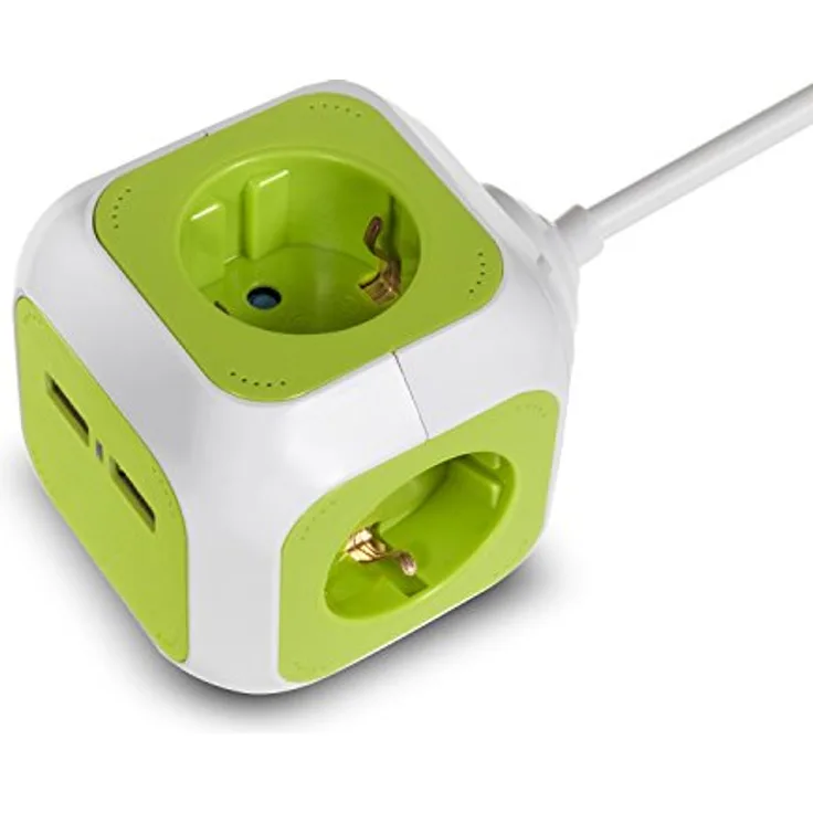 Green Blue GB118G MagicCube 4-fach Steckdosenwürfel mit 2 USB-Anschlüssen Ladegerät Mehrfachsteckdose mit Kinderschutz 1,4m (1)