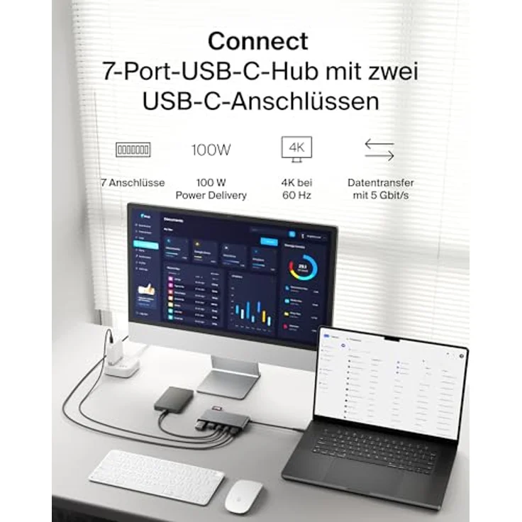 Belkin USB C Hub, 7-in-1 Docking Station mit 4K HDMI 60 Hz, 100 W Power Delivery, SD/MicroSD, 5 Gbit/s Datentransfer, kompakt - Grau – Bild 2