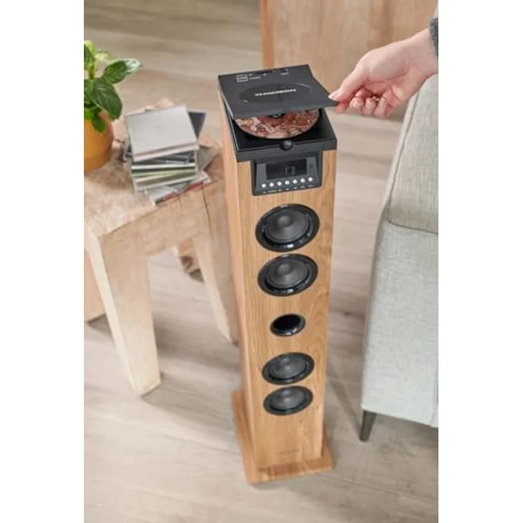 Thomson DS122CD Natural-Black Partybox, Bluetooth Soundtower mit 60W Leistung, CD-Player, USB- und SD-Kartenanschluss, UKW-Radio, schwarz-holz – Bild 2