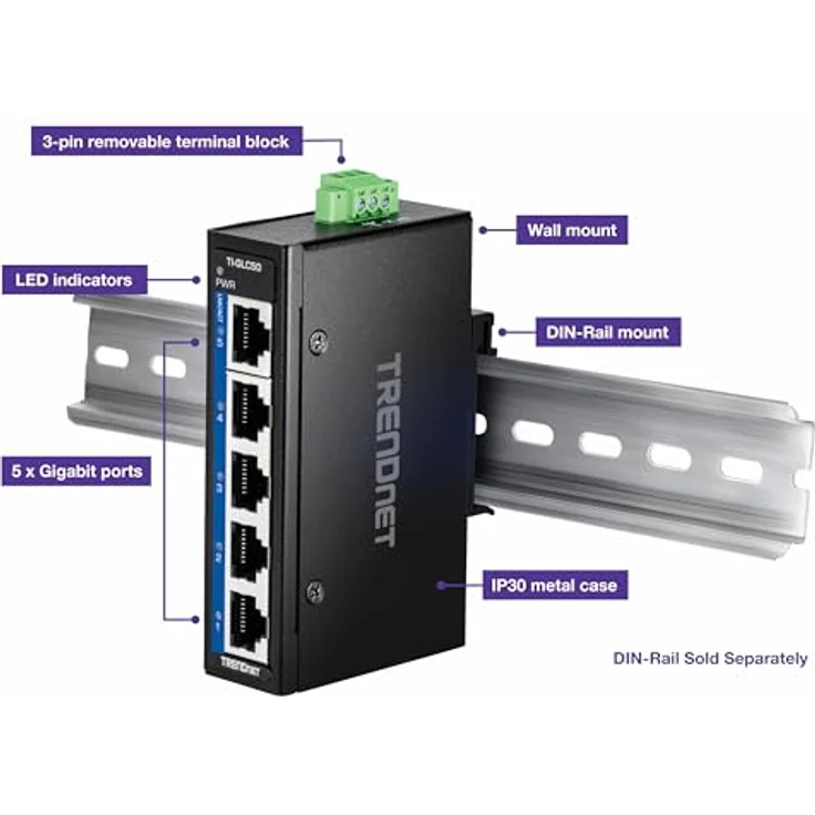 TRENDnet 5-Port Industrial Gigabit DIN-Rail Mini Switch, TI-GLC50, Extreme Temperatur IP30, 10Gbps Switch-Kapazität, Schwarz – Bild 2