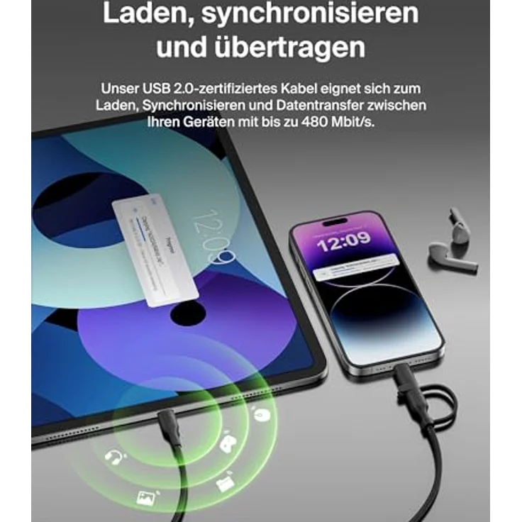 Belkin BoostCharge Pro, Multifunktions-USB Kabel 2-in-1 mit USB-C und Lightning Connector, 1,5m, Schwarz, 60W Schnellladung, Datenübertragung bis 480 Mbps – Bild 7