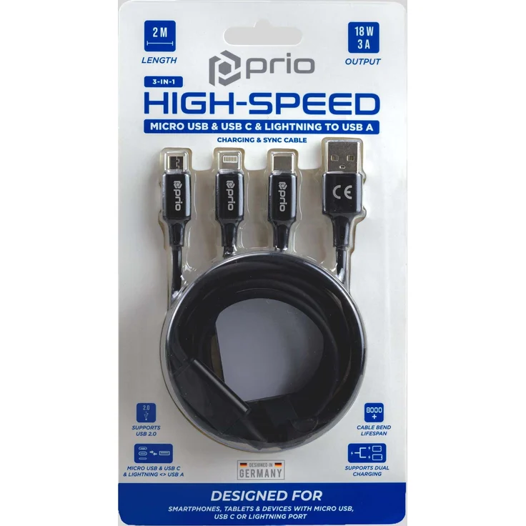 Prio 3in1 Micro USB, USB C & Lightning zu USB A Kabel, 3A, 2m, schwarz mit Dual Charging Unterstützung