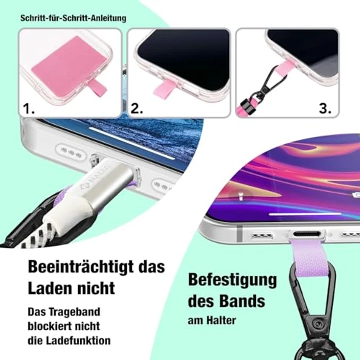 Nalia HoldMe Air Handykette Universal Smartphone, verstellbares Uni Lanyard mit Karabiner (schwarz), 160 cm, inkl. 2 Pads für Full-Cover Hüllen – Bild 5