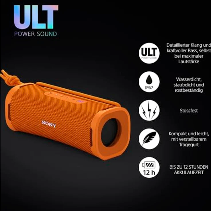 Sony ULT Field 1 - Kabelloser tragbarer Bluetooth-Lautsprecher mit ULT Power Sound, kraftvollem Bass, IP67, wasserdicht, staubdicht, stoßfest, 12h Akku, klare Gesprächsqualität, Outdoor - Orange – Bild 2