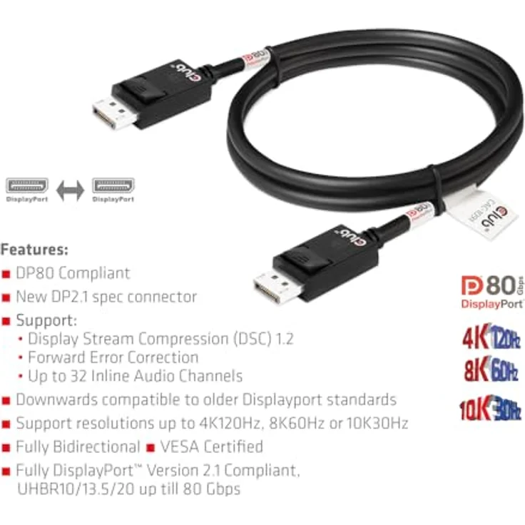 Club3D CAC-1091 DisplayPort™ 2.1 Bi-Direktionales VESA DP80 zertifiziertes Kabel 4K120Hz, 8K60Hz oder 10K30Hz St/St 1.2m – Bild 3