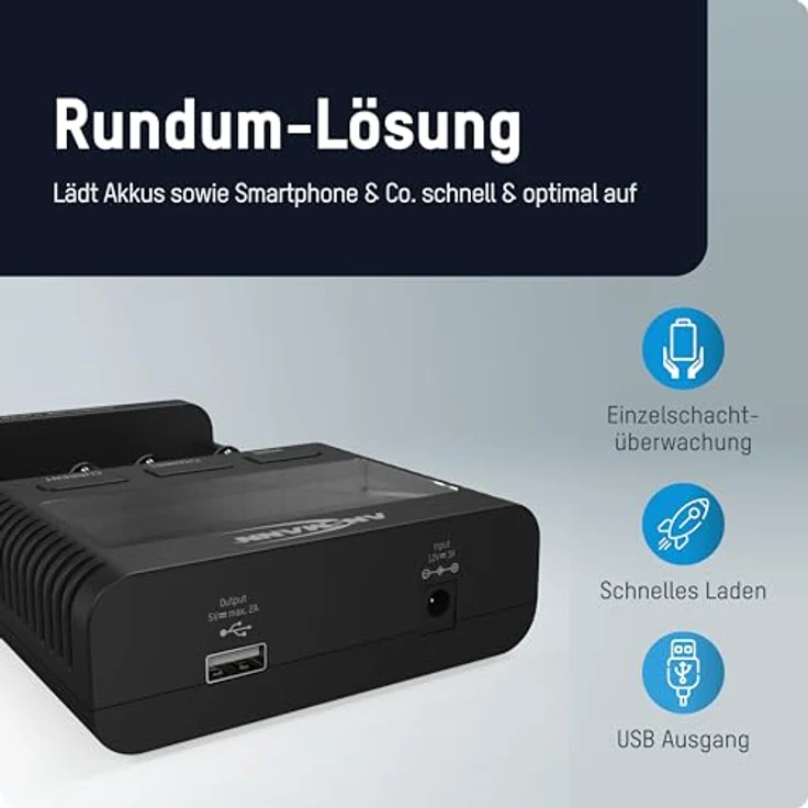 ANSMANN Akku-Ladegerät für AA-AAA-C-D NiMH Akkus & Li-Ion 18650-26650 Batterieladegerät mit 4 Ladeprogrammen: Laden, Entladen, Testen, Schnellladen + USB - Powerline 4 Ultra Akkupflegestation – Bild 4