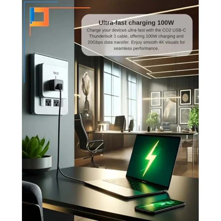Co2 USB-C Thunderbolt 3.0 Kabel, 20 Gbit/s Datenübertragung, 4K/60Hz, 100W Schnellladung, Aluminium Space Grau, 3m, kompatibel mit iPhone, MacBook, iPad Pro – Bild 3