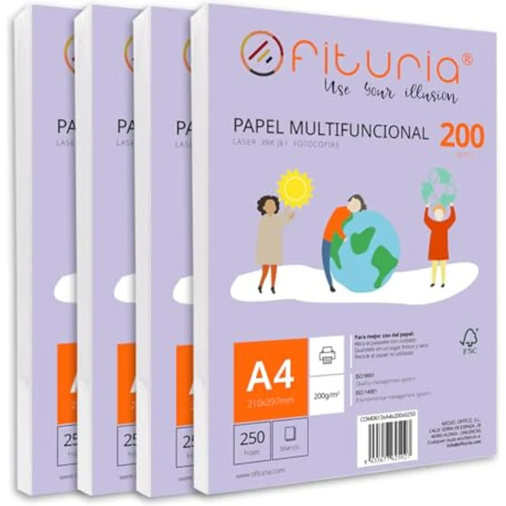 OFITURIA DIN A4 Druckerpapier, 200g/m², 1000 Blatt, multifunktionales Kopierpapier für Schule und Büro, weiß, FSC-zertifiziert – Bild 1