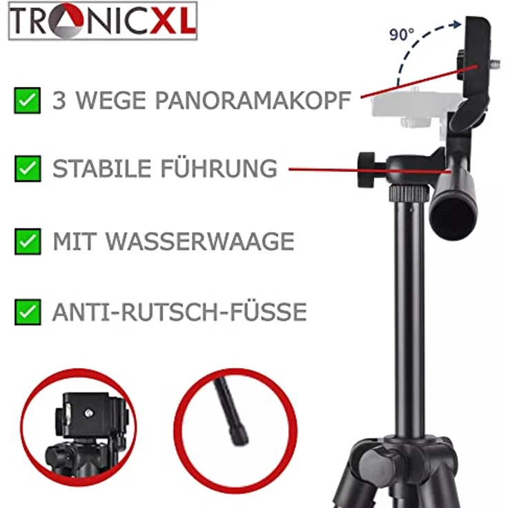 TronicXL 30-60cm Tripod Tisch Stativ für Kamera, höhenverstellbar, 3-Wege-Panoramakopf, kompatibel mit DSLR und Webcam, bis 1,5kg, inkl. Tasche, hochwertige Markenware – Bild 3