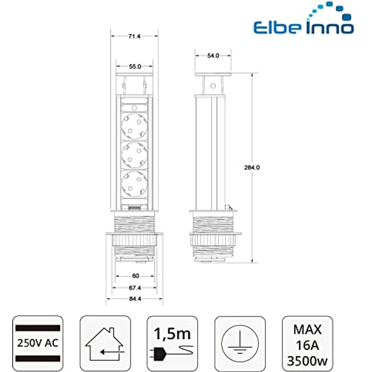 Elbe Inno® Versenkbare Tischsteckdose für die Arbeitsplatte (3 Steckdosen), Mehrfachsteckdose für Küche und Büro, Steckdosenleiste aus Aluminium in schwarz-grau Optik – Bild 5