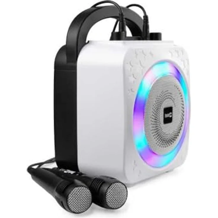RockJam 10-Watt Karaoke-Maschine, wiederaufladbar mit Bluetooth, zwei Mikrofonen, Stimmeffekten & LED-Lichtern - Schwarz – Bild 2
