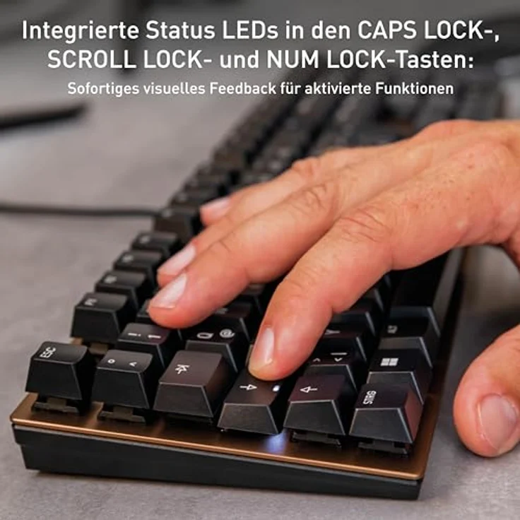 CHERRY KC 200 MX, mechanische Office-Tastatur, Deutsches Layout (QWERTZ), edles Design mit eloxierter Metallplatte, kabelgebunden, MX2A Silent RED Switches, Schwarz/Bronze – Bild 4