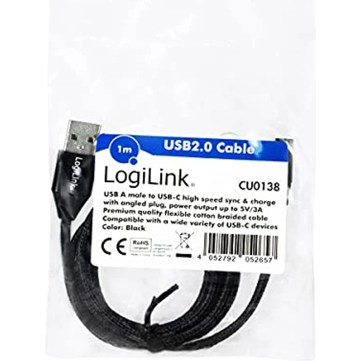 Logilink - USB-Kabel - USB-C (M) gewinkelt bis USB (M) gerade - USB 2.0 - 5 V - 3 A - 30 cm - Schwarz (CU0137) – Bild 9