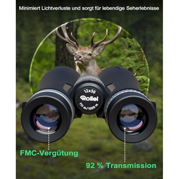 Rollei Fernglas 12x50 Pro, Wetterfestes Dachkantfernglas für Brillenträger mit 12-facher Vergrößerung und FMC-Beschichtung für Vogelbeobachtung und Jagd – Bild 3