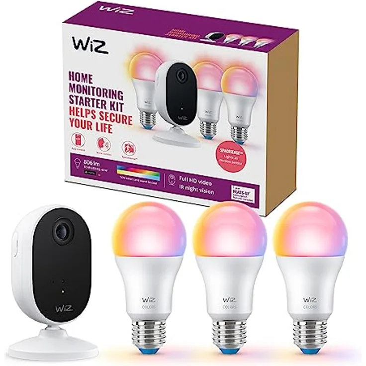 WiZ Sicherheitskamera Starter Set inkl. Tunable White & Color Lampen für den Innenbereich, Bewegungs- und Geräuscherkennung, Vollduplex-Audio, Nachtsicht, smarte Steuerung per App und über WLAN, weiß