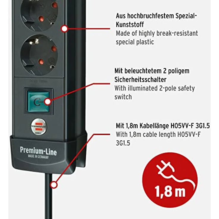 Brennenstuhl Premium-Line, Steckdosenleiste 4-fach (Steckerleiste mit Schalter und 1,8m Kabel -45° Winkel der Schutzkontakt-Steckdosen, Made in Germany) schwarz – Bild 3