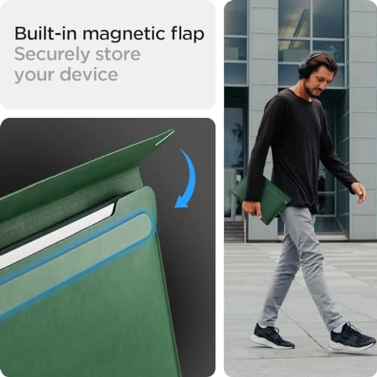 Spigen Valentinus Sleeve Laptop 13-14, robuste Notebooktasche mit eingebauter Magnetklappe und Aussparungen für Anschlüsse, Jeju Green – Bild 7
